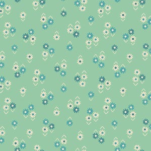 May include: A repeating pattern of small, stylized flowers in shades of blue and cream, set against a soft, mint-green background. The floral clusters are arranged in a scattered layout, with some grouped within diamond-shaped outlines.