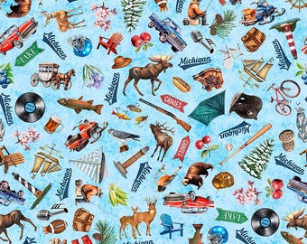 Michigan Cotton Fabric by the Yard - All Michigan Shop Hop 2026 Michigan Icons Blue - QT Fabrics 32079-B