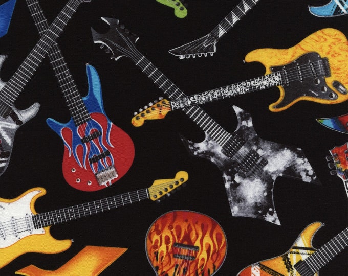 Guitar Fabric by the Yard Timeless Treasures Colorful Guitars on Black Timeless Treasures C4824
