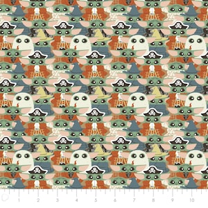 May include: A repeating pattern of green, white, and brown cartoon characters wearing different Halloween costumes. The characters are wearing costumes such as a ghost, pirate, witch, and mummy.
