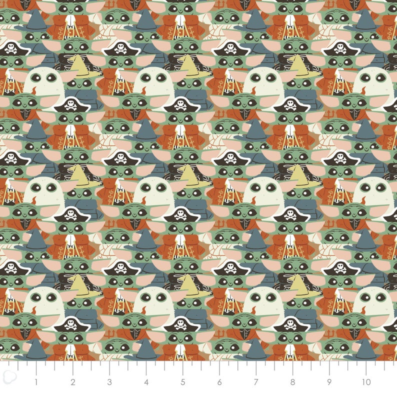 May include: A repeating pattern of green, white, and brown cartoon characters wearing different Halloween costumes. The characters are wearing costumes such as a ghost, pirate, witch, and mummy.