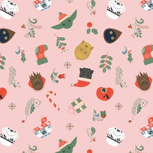 May include: A pink background with a repeating pattern of Christmas-themed Star Wars characters. The characters include Yoda, Chewbacca, Darth Vader, R2-D2, and BB-8. There are also holly sprigs, candy canes, and gift boxes.