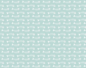 Cat Fabric by the Yard - Purrfect Day Fishbones Aqua - Riley Blake C9903-AQUA