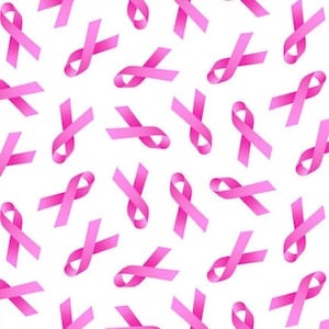 Breast Cancer Awareness Cotton Fabric - Small Pink Breast Cancer Ribbons White - Elizabeth&#39;s Studio 407PINK