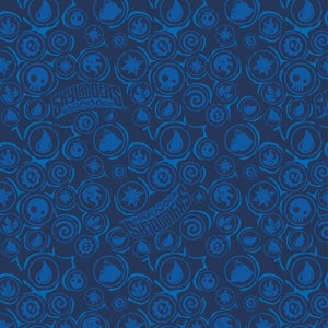 May include: A blue and white Skylanders pattern with various symbols and the words "Skylanders" and "Boomix" repeated throughout.