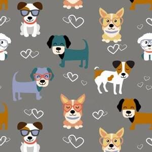 May include: A repeating pattern of cartoon dogs wearing glasses and surrounded by white hearts on a gray background. The dogs are various colors, including white, brown, blue, and orange.