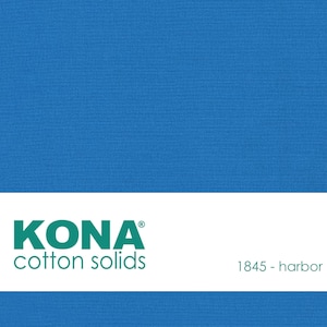 May include: Solid blue Kona cotton fabric swatch with the text "KONA® cotton solids 1845 - harbor" in green.