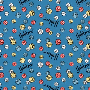 May include: A blue background with a pattern of dice in red, yellow, white, and blue. The word "Yahtzee" is written in a cursive font throughout the design. The dice are scattered across the surface.