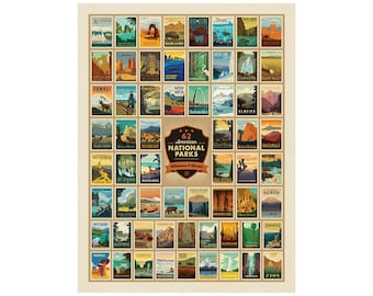 May include: A colorful poster featuring illustrations of 62 American National Parks. Each park is represented by a unique design with a name and a small icon. The poster is titled "62 American National Parks Wilderness & Wonder".