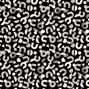 May include: A seamless pattern featuring a variety of geometric shapes in a white and black color scheme. The shapes include circles, semi-circles, triangles, and curved lines. The shapes are textured and have a distressed look.