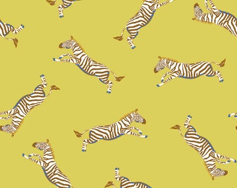 Zebra Cotton Fabric by the Yard - Wild Expedition Tossed Zebra Chartreuse - Teresa Chan for Paintbrush Studio Fabrics 120-23249