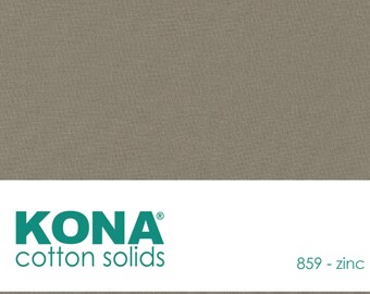 May include: A close-up of a solid gray fabric swatch with the text "KONA® cotton solids 859 - zinc" printed below.