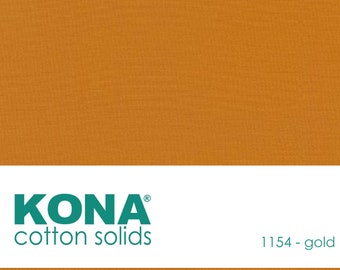 May include: A solid gold Kona cotton fabric swatch. The fabric is a medium weight and has a slight texture. The Kona Cotton Solids label is visible in the bottom of the image. The text on the label reads "KONA cotton solids" and "1154 - gold".