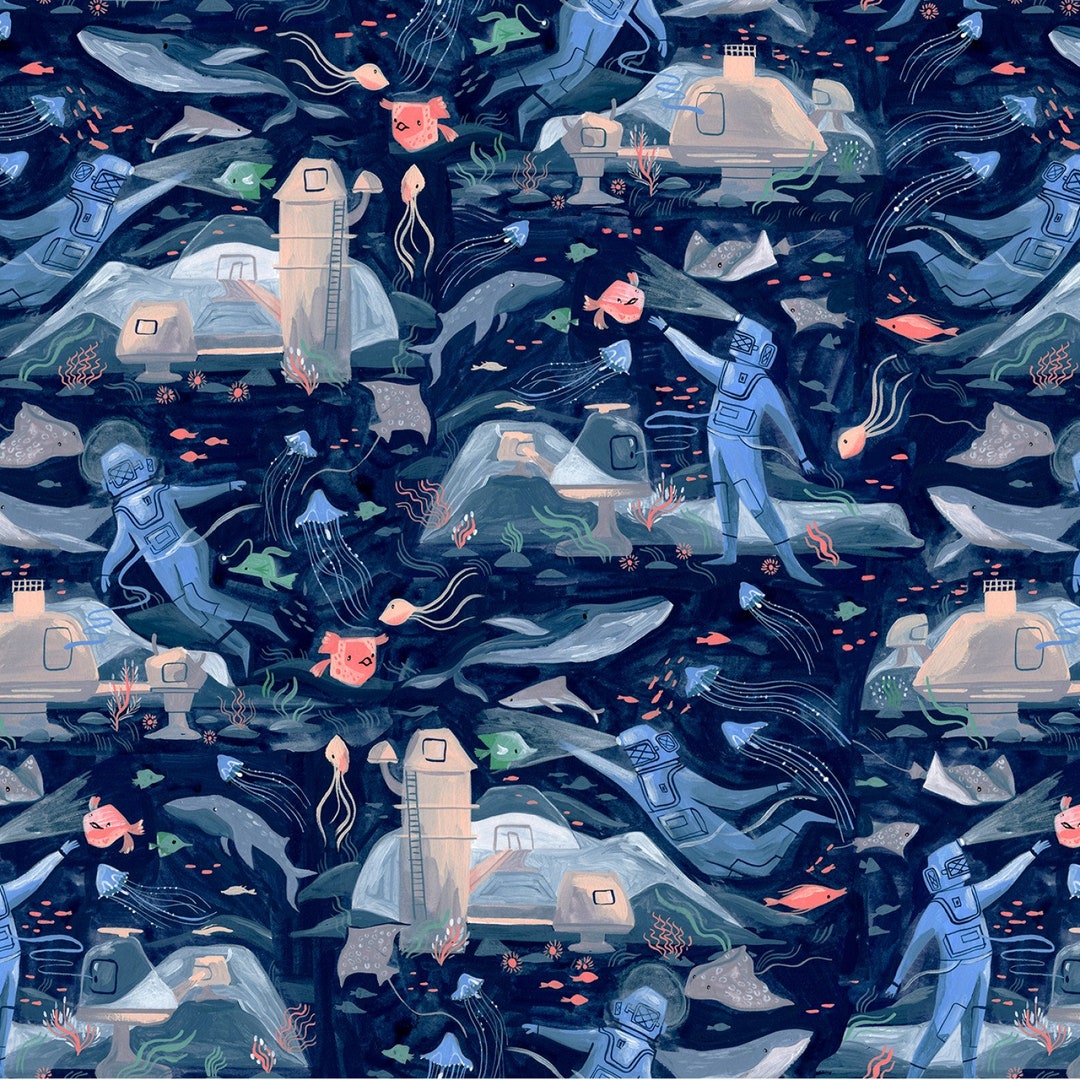 Nautical Cotton Fabric by the Yard Illuminary Sea Illuminary Sea