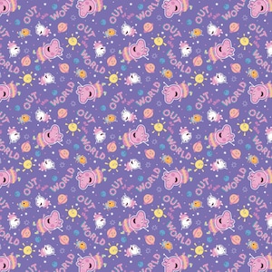 Peppa Pig Cotton Fabric by the Yard - Peppa Friends in Space Purple - Camelot 95220101-2