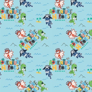 May include: A blue and green seamless pattern featuring cartoon characters wearing masks and pirate hats. The characters are surrounded by waves, mountains, and palm trees. The text "Adventure Heroes" is repeated throughout the pattern.