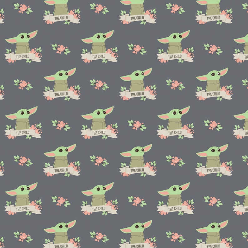 Puede incluir: Un patr&oacute;n repetido que presenta un personaje alien&iacute;gena verde con orejas grandes, conocido como "The Child", rodeado de flores rosas y una pancarta blanca con el texto "THE CHILD". El fondo es de color gris oscuro.