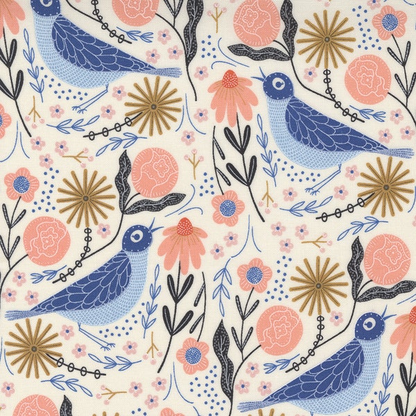 Bird Cotton Fabric by the Yard - Birdsong Songbird Cloud Bluebird - Gingiber for Moda 48352-11