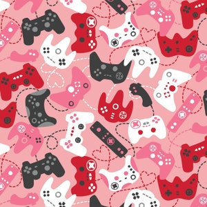 May include: A repeating pattern of video game controllers and remotes in red, black, white, and pink on a light pink background. The controllers are connected by dotted lines that form hearts.