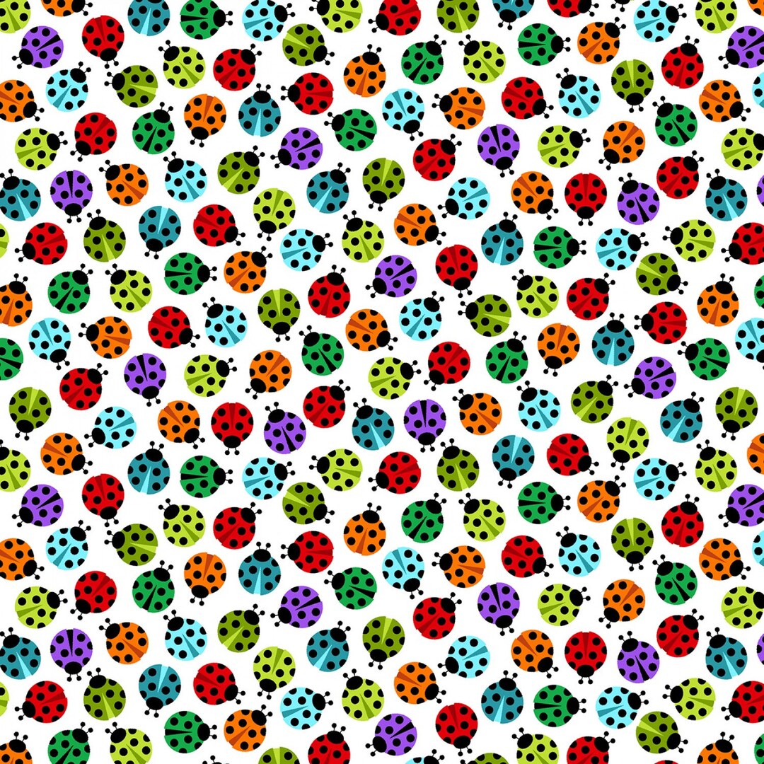 Ladybug Cotton Fabric by the Yard I'm Buggin Out Tossed Ladybugs White
