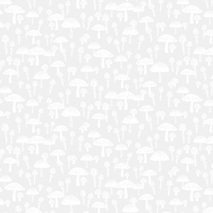 May include: A repeating pattern of white mushrooms on a light gray background. The mushrooms vary in size and shape, with rounded caps and slender stems. The design creates a whimsical, nature-inspired aesthetic.