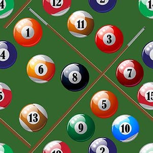 May include: A green felt pool table with 15 billiard balls numbered 1 through 15, two crossed pool cues, and the numbers 4, 12, 1, 11, 3, 6, 7, 8, 5, 15, 5, 13, 9, 10, and S.