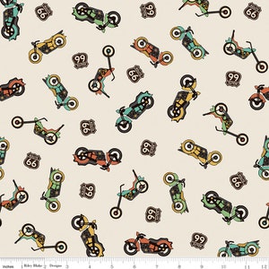 May include: A seamless pattern featuring a variety of colorful motorcycles and Route 66 and Route 99 signs on a cream background.