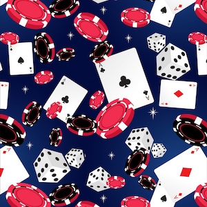 Poker Fabric by the Yard - Casino Fun Black and Red Casino on Blue - David Textiles DX-2530-0C-2