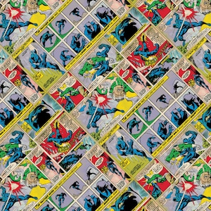 May include: A colorful comic book pattern featuring a black panther character in various poses. The comic book panels are filled with action-packed scenes and dialogue bubbles. The text in the comic book panels reads "The Panther Moves Out, Much Like His Namesake" and "And Though These Cavern Walls Would Normally Magnify All Sound".