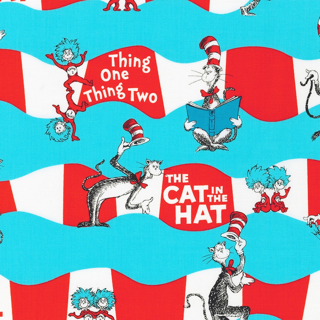 Dr. Seuss Cotton Fabric by the Yard - Cat in the Hat Aqua Stripe ...