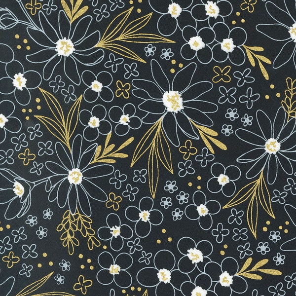 Gilded Floral Cotton Fabric by the Yard - Gilded Flower Arrangement Metallic Ink Gold - Alli K for Moda 11531-22M
