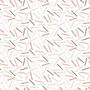 May include: A seamless pattern of hair clips in various colors, including black, brown, pink, and beige. The clips are arranged in a random pattern on a white background.