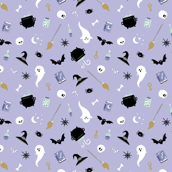 Ghost Halloween Cotton Fabric by the Yard - Spellbound Hallow-Queen Light Purple  - Camelot 21220702-1