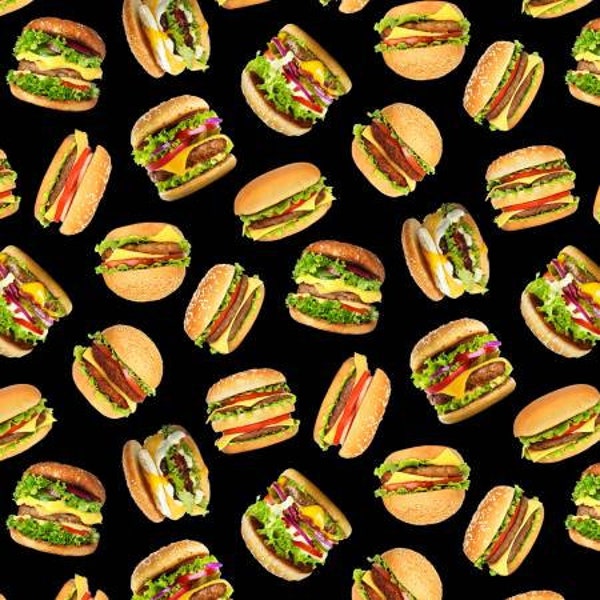 Hamburger Cotton Fabric by the Yard - Favorite Foods Hamburgers Black - Elizabeth's Studio 701E-BLACK