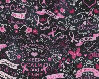 Breast Cancer Awareness Cotton Fabric by the Yard - Pink Ribbon Chalkboard - Timeless Treasures C3999