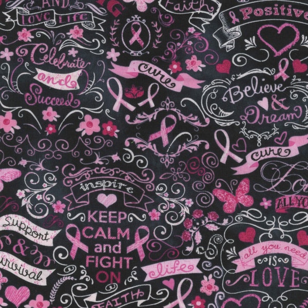 Breast Cancer Awareness Cotton Fabric by the Yard - Pink Ribbon Chalkboard - Timeless Treasures C3999