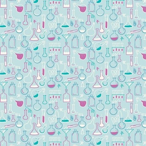 May include: A repeating pattern of science lab equipment, including beakers, flasks, and test tubes, in white, teal, and magenta on a light blue background. The design has a hand-drawn, whimsical style, with stars and swirls.