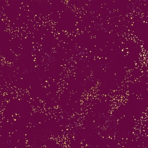 May include: A seamless pattern with a deep burgundy background and a scattered pattern of small gold and purple dots.