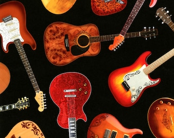 Guitar Fabric by the Yard - Timeless Treasures Acoustic and Electric Guitars on Black - Timeless Treasures C1611-BLACK
