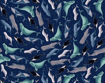 cotton fabric 4445 wide B T Y Sea the Sea WHALE TOSS in Blue by Spring Creative