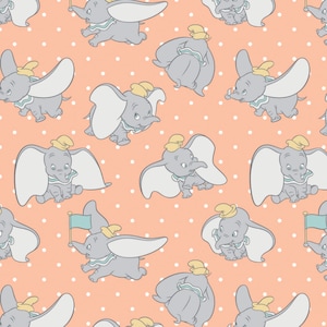 May include: A seamless pattern featuring a light pink background with white polka dots and a repeating pattern of a gray elephant with yellow ears and a yellow hat. The elephant is holding a blue flag with a white star.