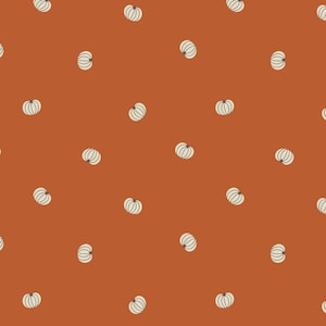 May include: A repeating pattern of small, cream-colored pumpkins with dark stems scattered across a solid orange-brown background. The pumpkins are stylized with curved lines, creating a simple, autumnal design suitable for fall-themed products.