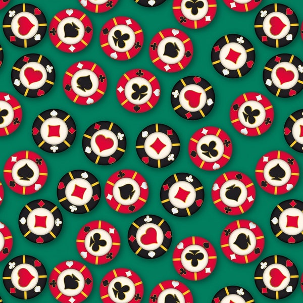 Poker Chips Fabric by the Yard - Casino Fun Poker Chip Scatter Green - David Textiles DX-2527-0C-1