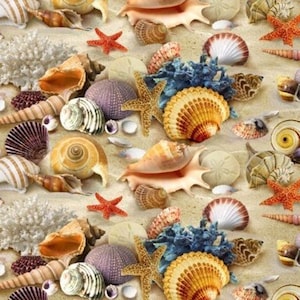 May include: A seamless pattern featuring a variety of seashells, starfish, and sand dollars on a beige background. The shells are in various colors, including white, brown, pink, and purple. The starfish are red and orange. The sand dollars are white and brown.