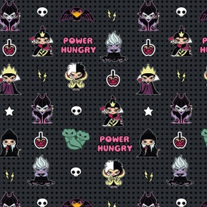 Disney Cotton Fabric by the Yard - Disney Villains Kawaii Power Hungry Charcoal - Camelot 85130703-1