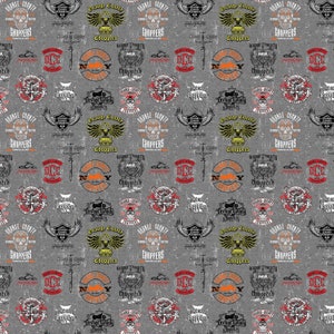 Motorcycle Cotton Fabric by the Yard - Orange County Choppers Graphic Allover Grey - Michael Miller DDC10642-GREY