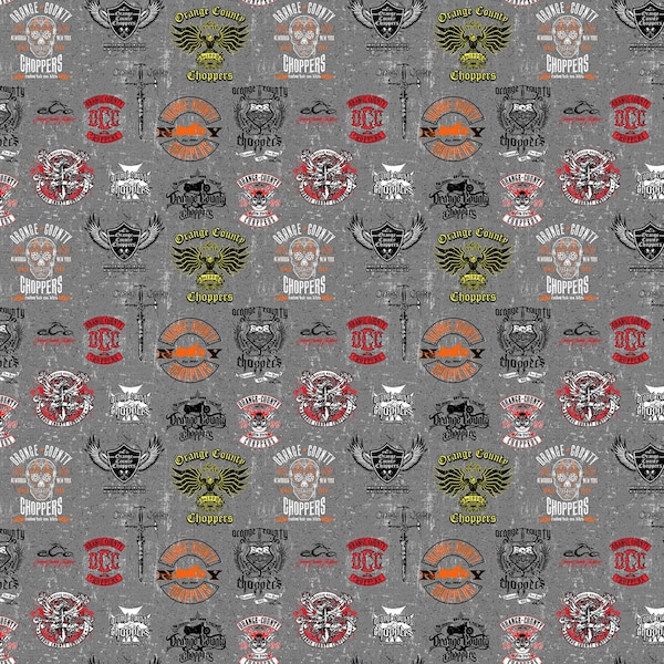 Motorcycle Cotton Fabric by the Yard - Orange County Choppers Graphic Allover Grey - Michael Miller DDC10642-GREY