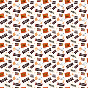 Reese&#39;s Halloween Cotton Fabric by the Yard - Celebrate with Hershey Candy Toss White - Riley Blake C11981-WHITE