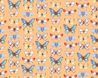 May include: A seamless pattern featuring a variety of colorful butterflies on a light orange background. The butterflies are arranged in rows and columns, creating a repeating pattern.