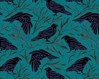 Organic Halloween Cotton Fabric by the Yard - Mystery at Moonstone Manor The Raven - Tara Reed for Cloud Nine 227311